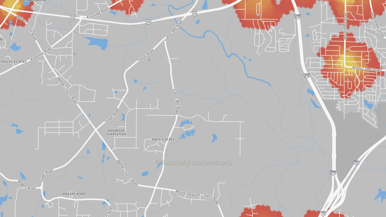 Walk Grade map of 31208, GA, walkable areas in green and car-dependent areas in red
