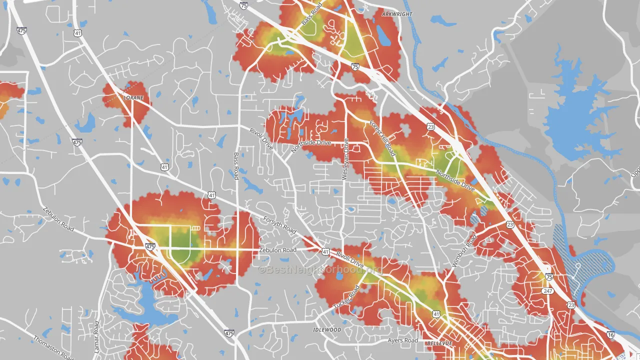 Walk Grade map of 31210, GA, walkable areas in green and car-dependent areas in red