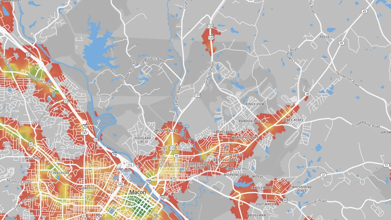 Walk Grade map of 31211, GA, walkable areas in green and car-dependent areas in red