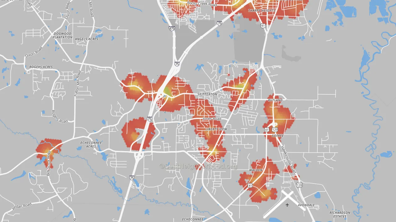 Walk Grade map of 31216, GA, walkable areas in green and car-dependent areas in red