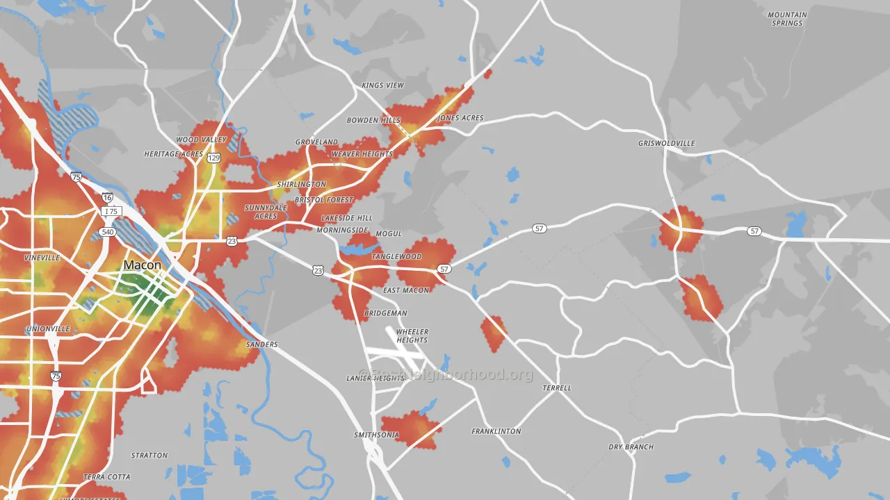 Walk Grade map of 31217, GA, walkable areas in green and car-dependent areas in red