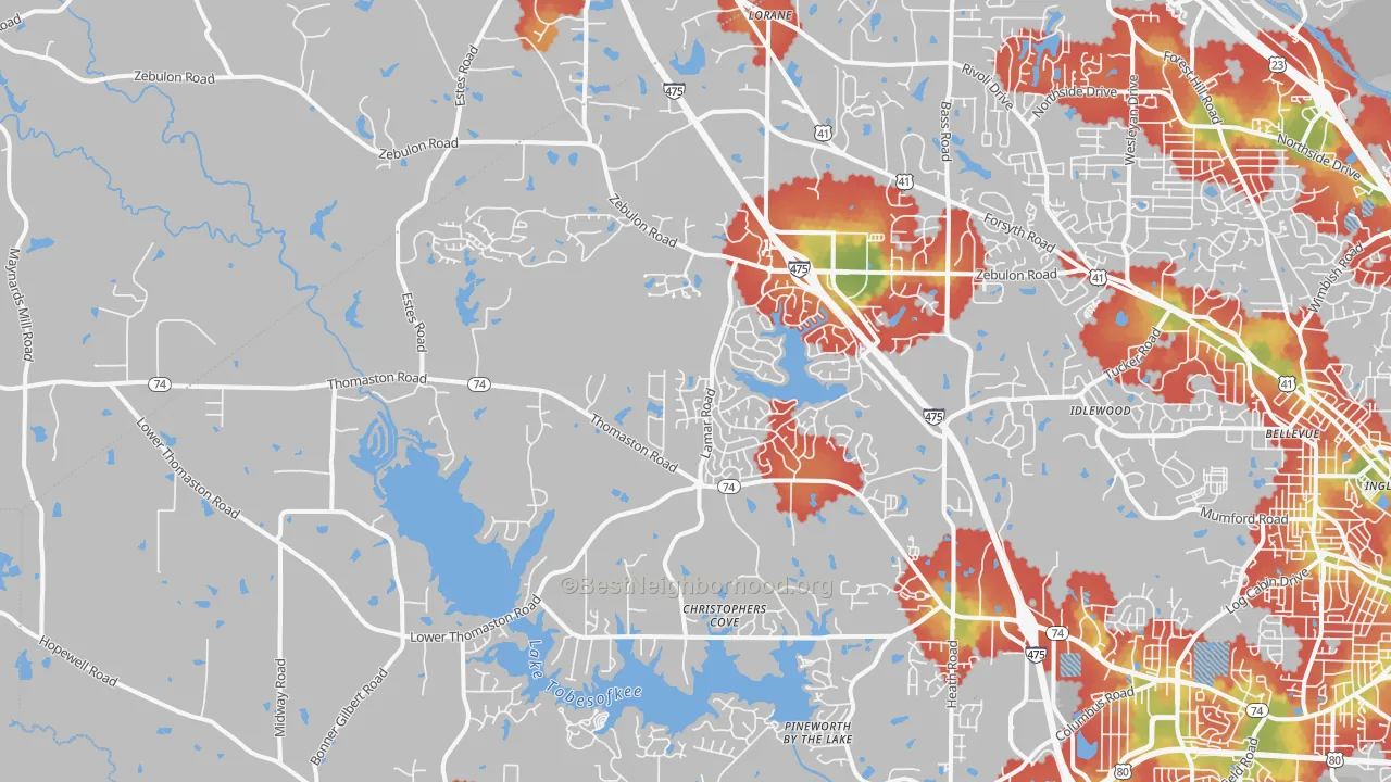 Walk Grade map of 31220, GA, walkable areas in green and car-dependent areas in red