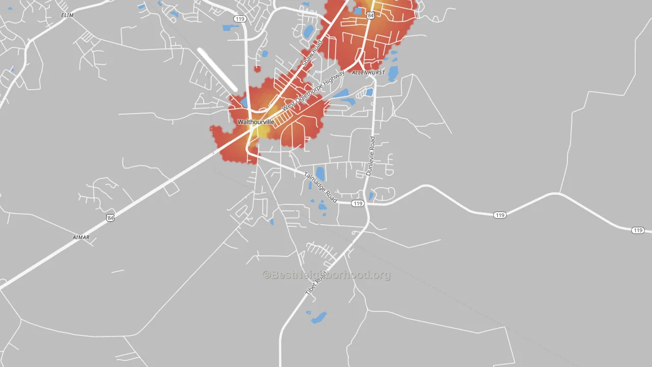 Walk Grade map of 31301, GA, walkable areas in green and car-dependent areas in red
