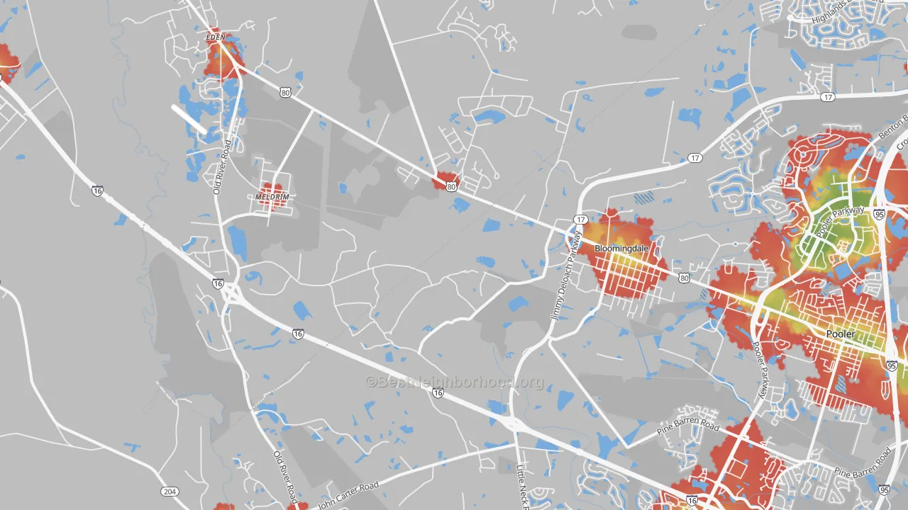 Walk Grade map of 31302, GA, walkable areas in green and car-dependent areas in red