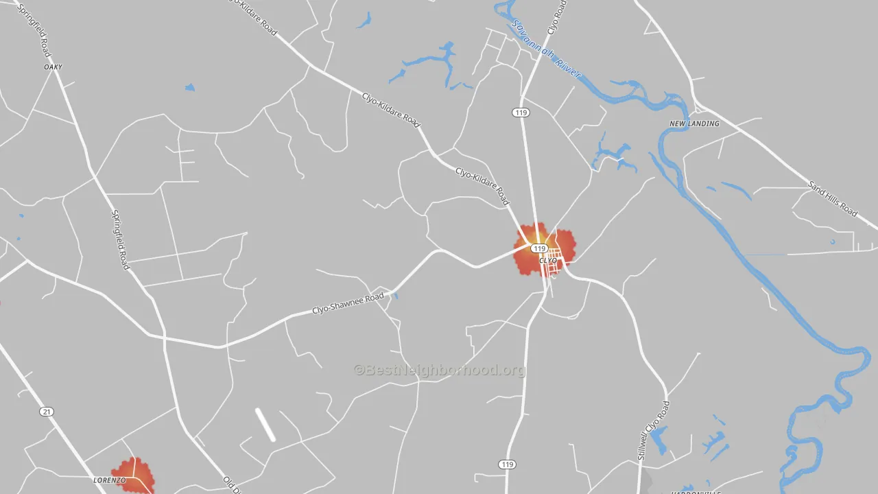 Walk Grade map of 31303, GA, walkable areas in green and car-dependent areas in red