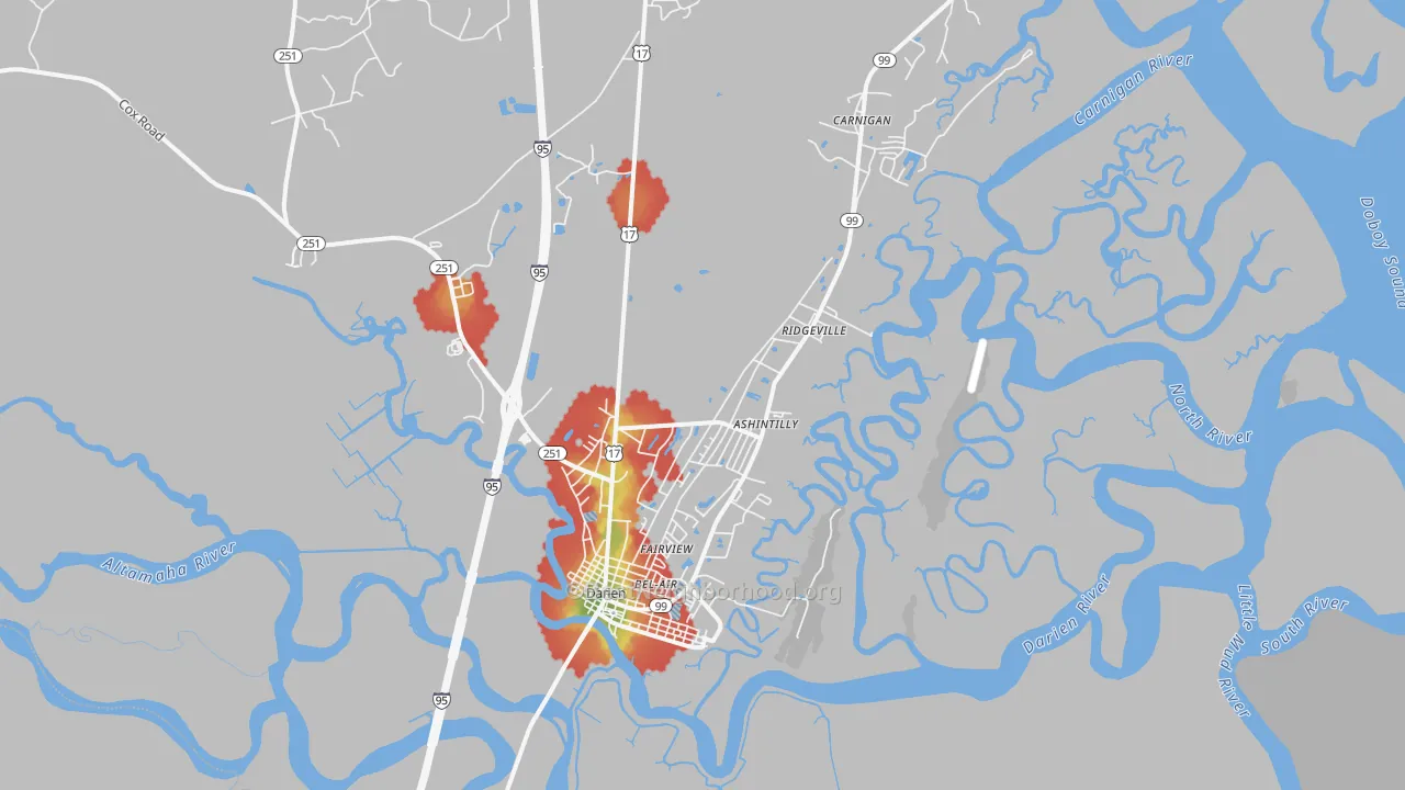 Walk Grade map of 31305, GA, walkable areas in green and car-dependent areas in red