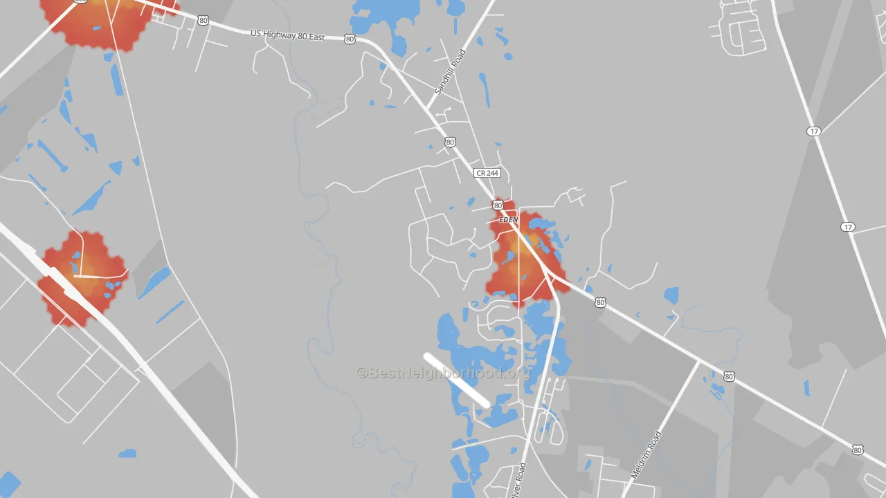 Walk Grade map of 31307, GA, walkable areas in green and car-dependent areas in red