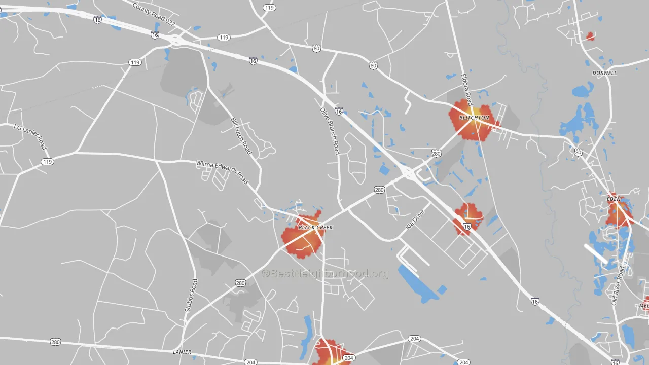 Walk Grade map of 31308, GA, walkable areas in green and car-dependent areas in red