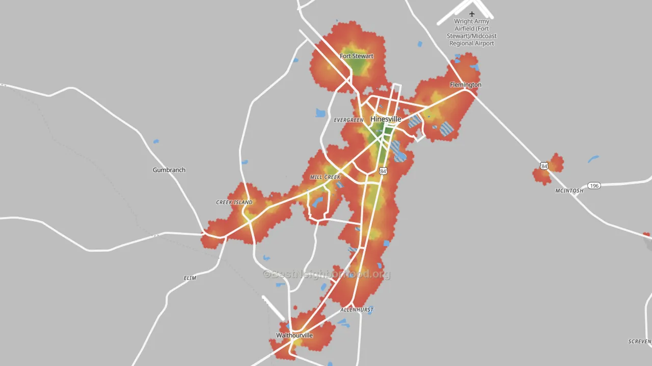 Walk Grade map of 31313, GA, walkable areas in green and car-dependent areas in red