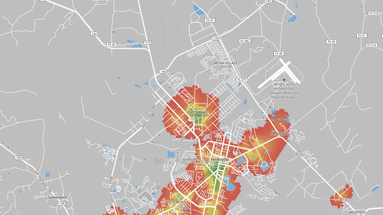 Walk Grade map of 31314, GA, walkable areas in green and car-dependent areas in red