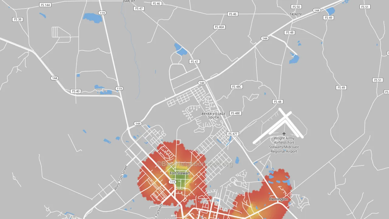 Walk Grade map of 31315, GA, walkable areas in green and car-dependent areas in red