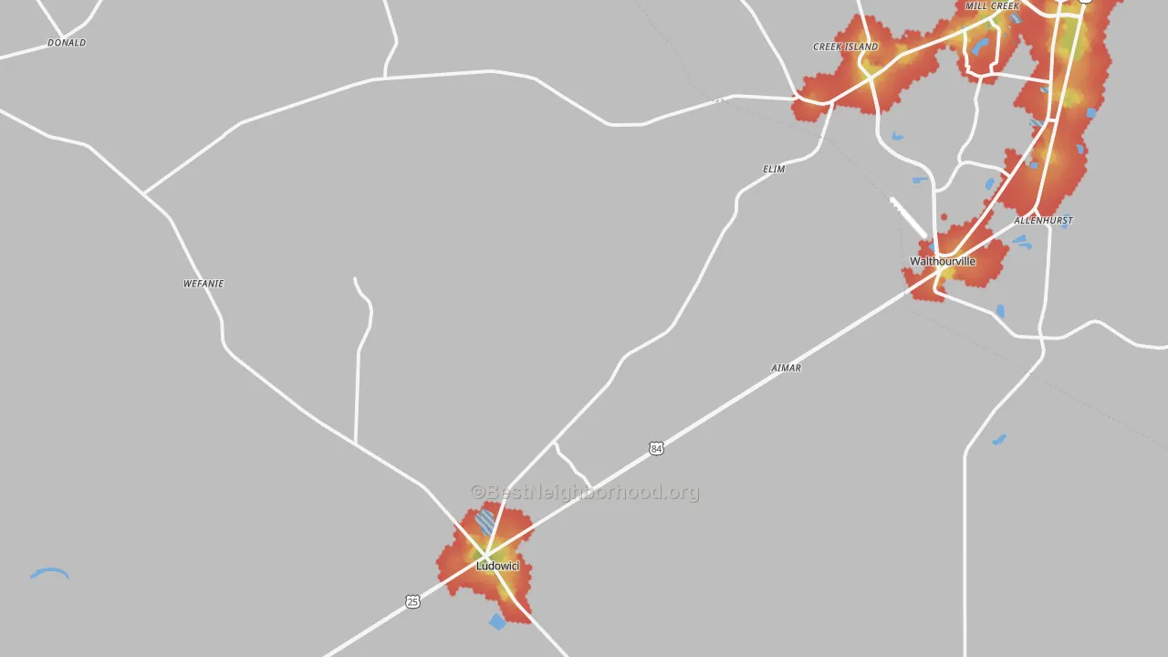 Walk Grade map of 31316, GA, walkable areas in green and car-dependent areas in red