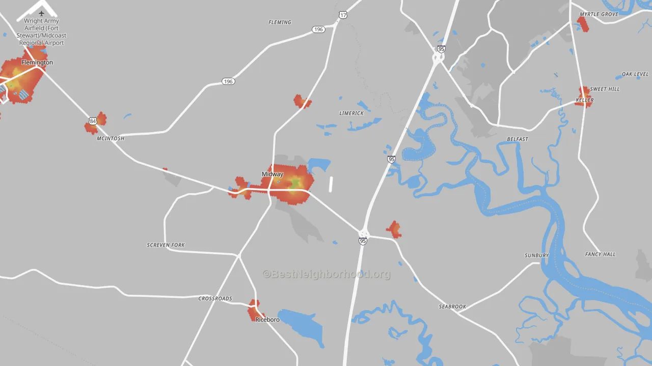 Walk Grade map of 31320, GA, walkable areas in green and car-dependent areas in red