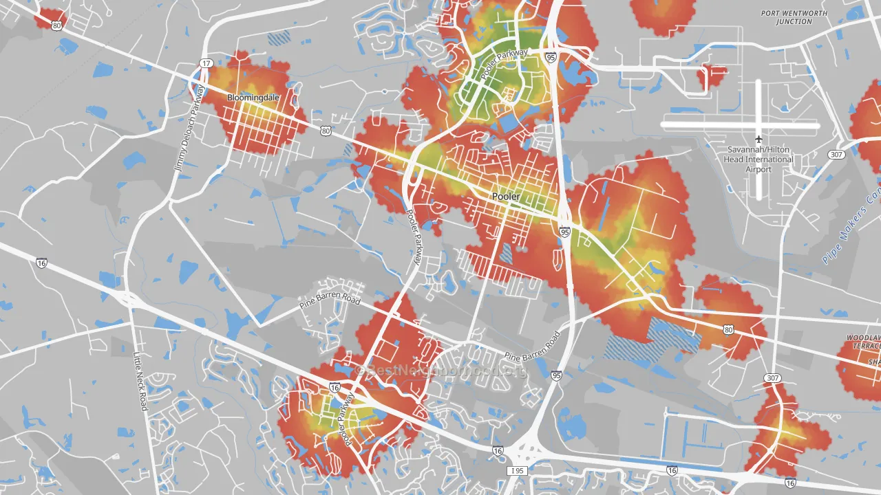 Walk Grade map of 31322, GA, walkable areas in green and car-dependent areas in red