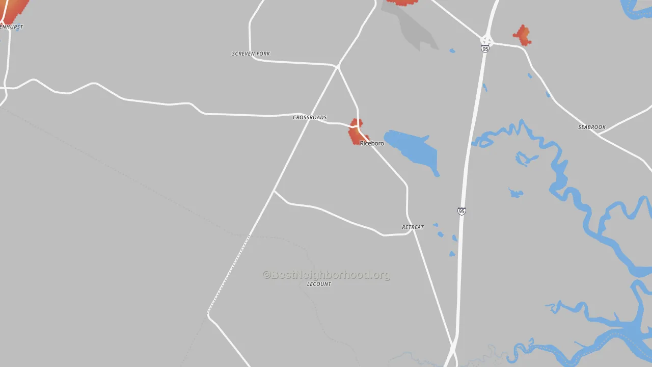 Walk Grade map of 31323, GA, walkable areas in green and car-dependent areas in red
