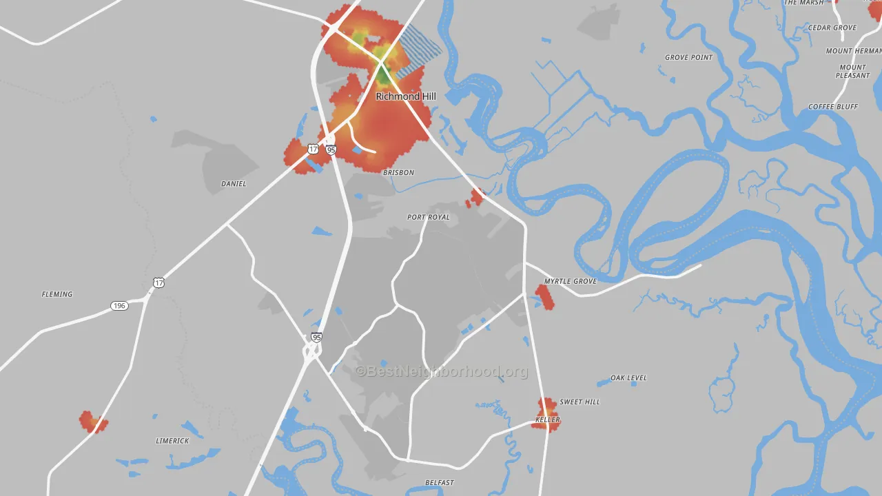 Walk Grade map of 31324, GA, walkable areas in green and car-dependent areas in red