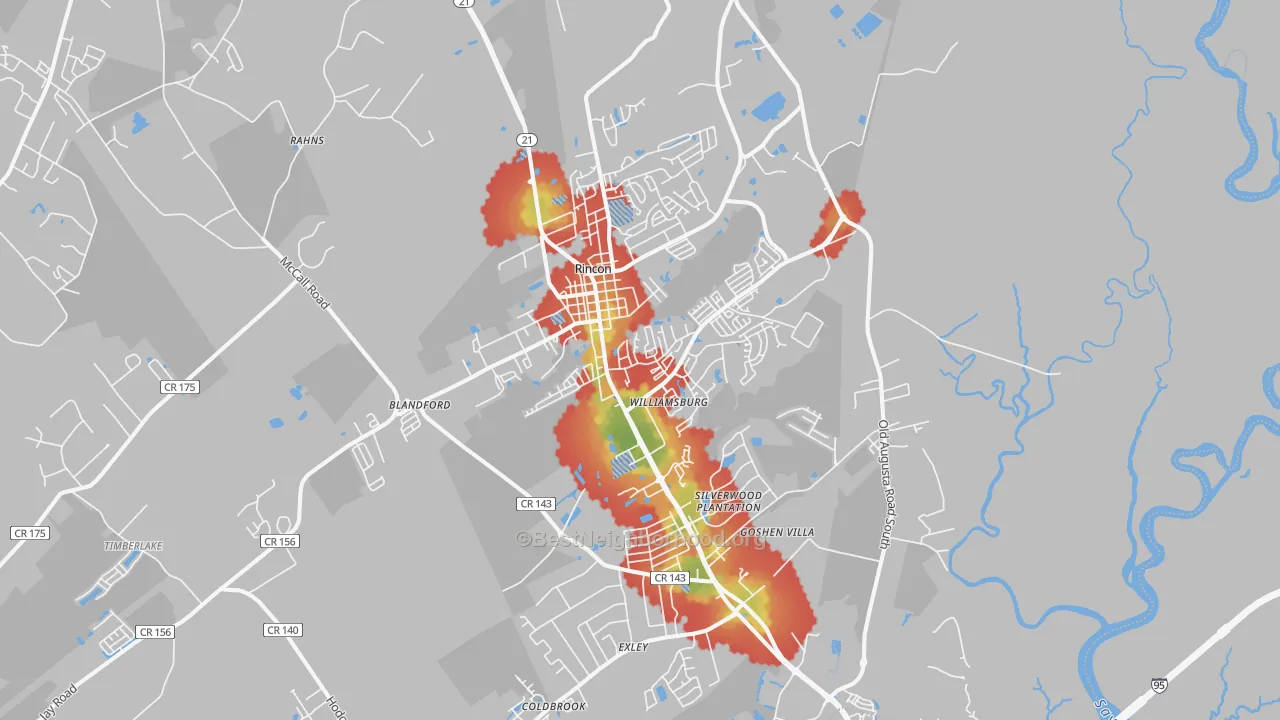 Walk Grade map of 31326, GA, walkable areas in green and car-dependent areas in red