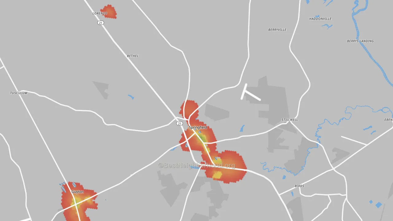 Walk Grade map of 31329, GA, walkable areas in green and car-dependent areas in red