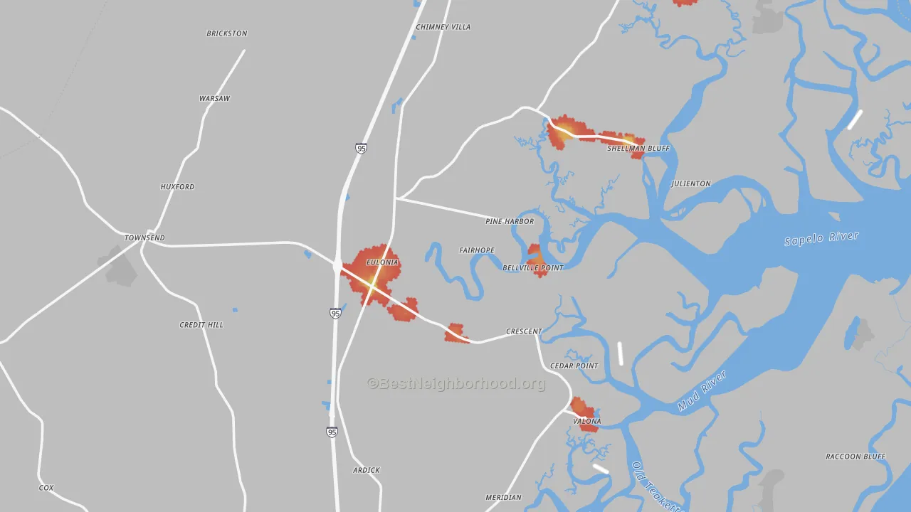 Walk Grade map of 31331, GA, walkable areas in green and car-dependent areas in red