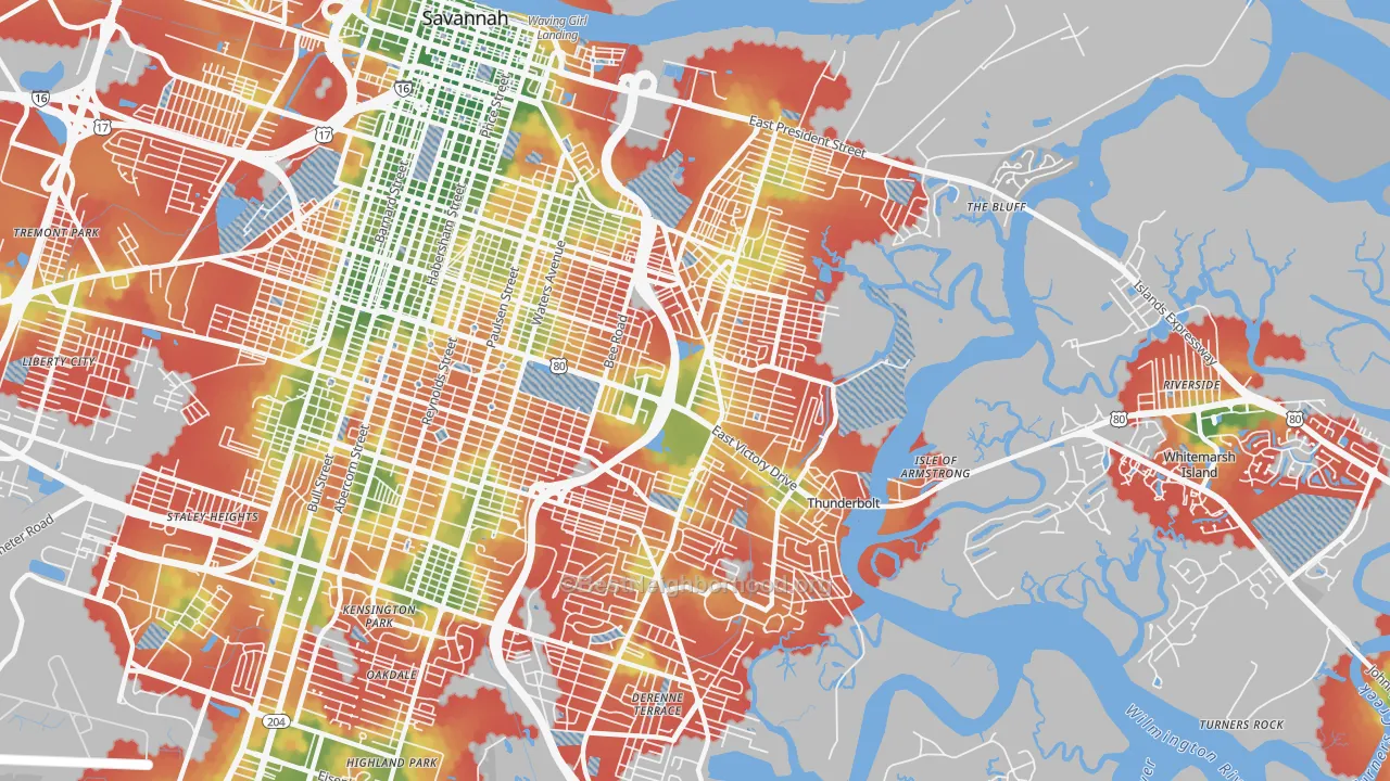 Walk Grade map of 31404, GA, walkable areas in green and car-dependent areas in red
