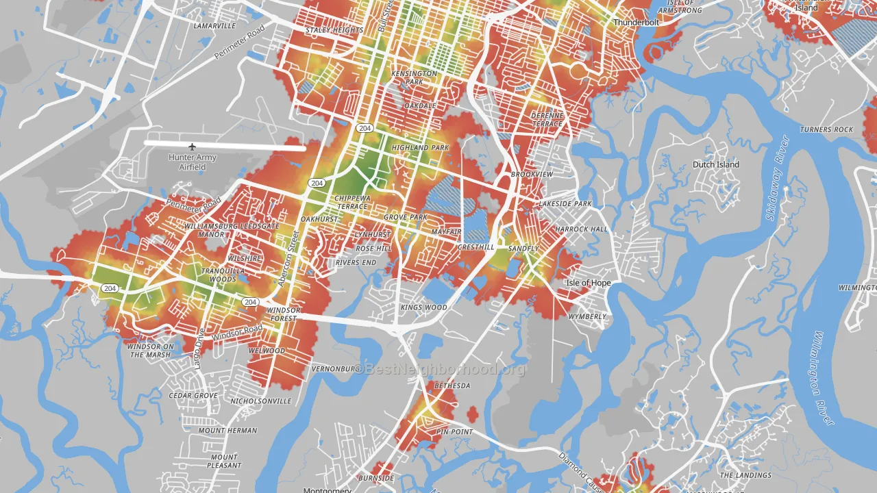 Walk Grade map of 31406, GA, walkable areas in green and car-dependent areas in red