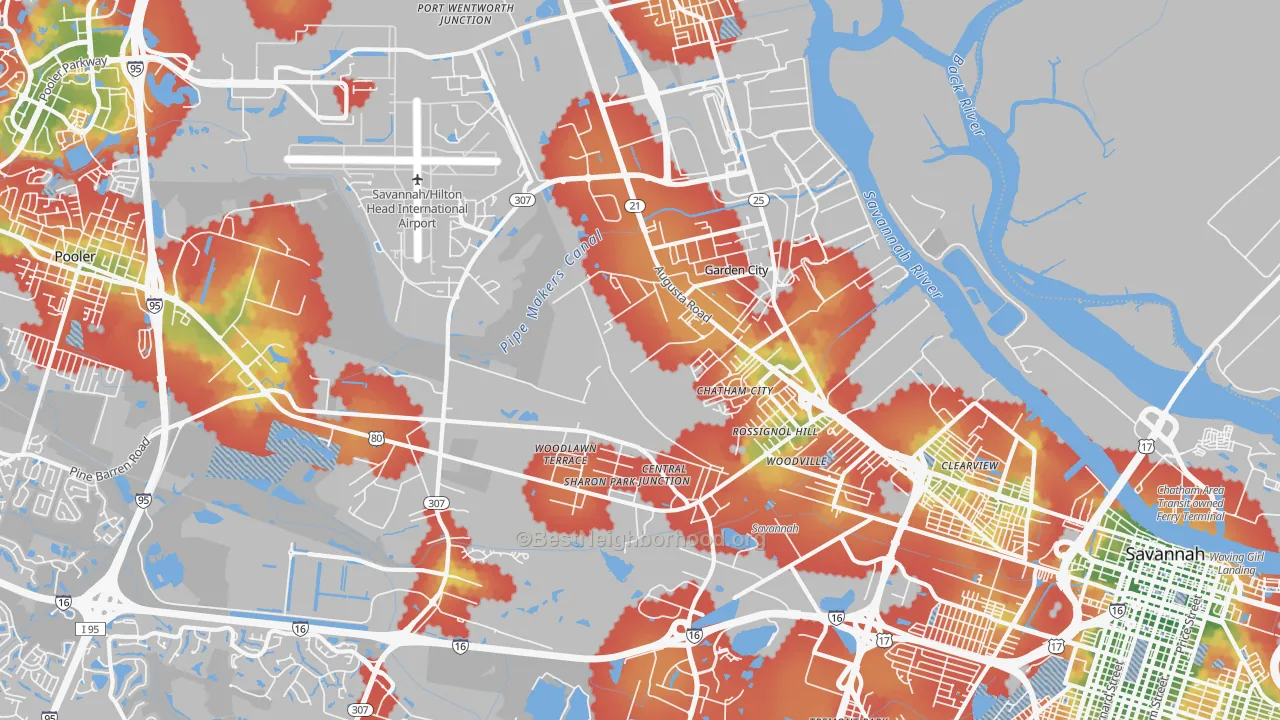 Walk Grade map of 31408, GA, walkable areas in green and car-dependent areas in red