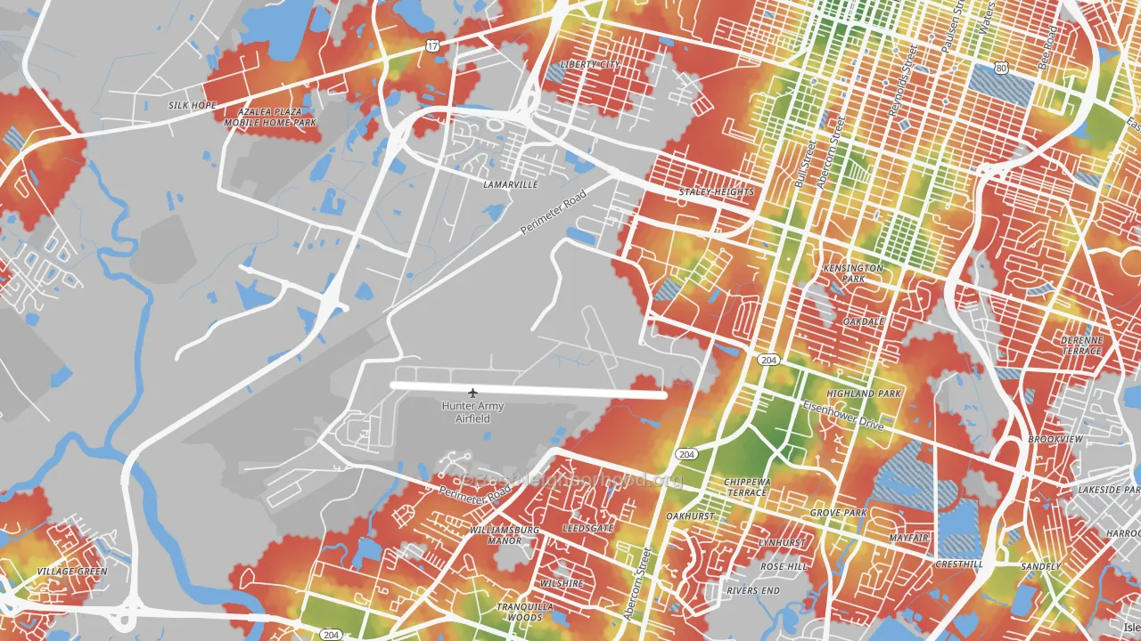 Walk Grade map of 31409, GA, walkable areas in green and car-dependent areas in red