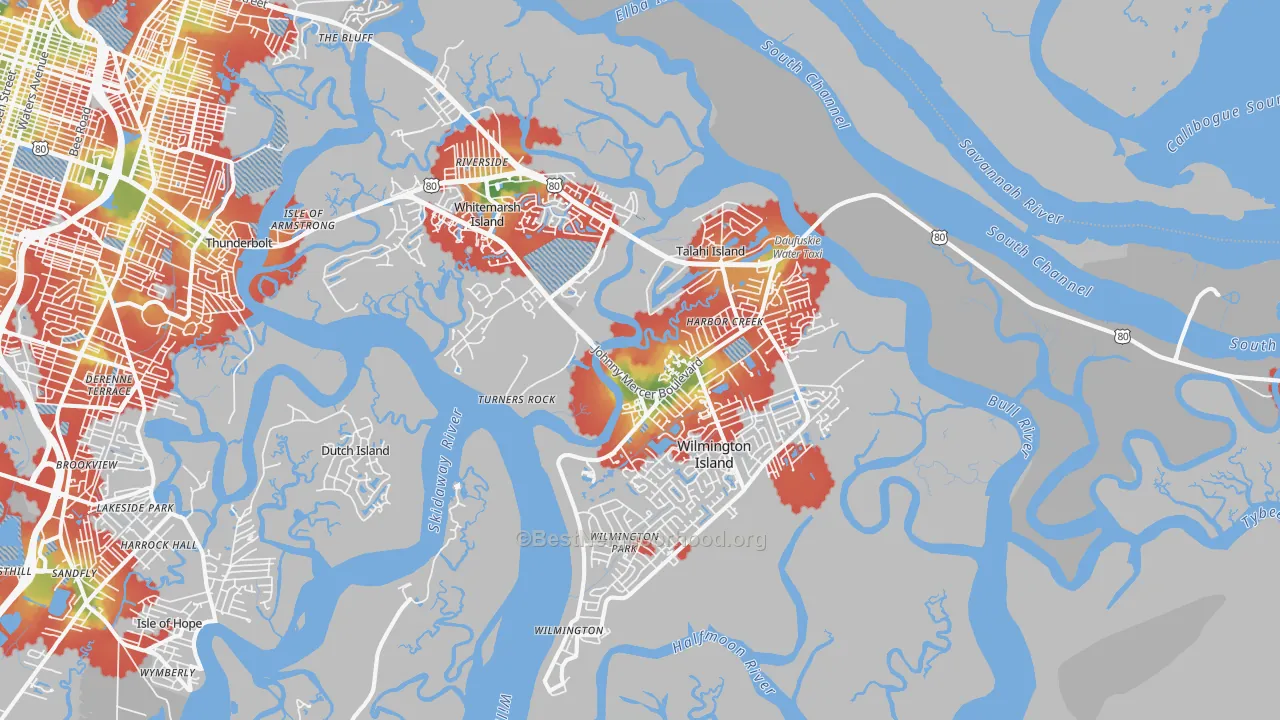 Walk Grade map of 31410, GA, walkable areas in green and car-dependent areas in red