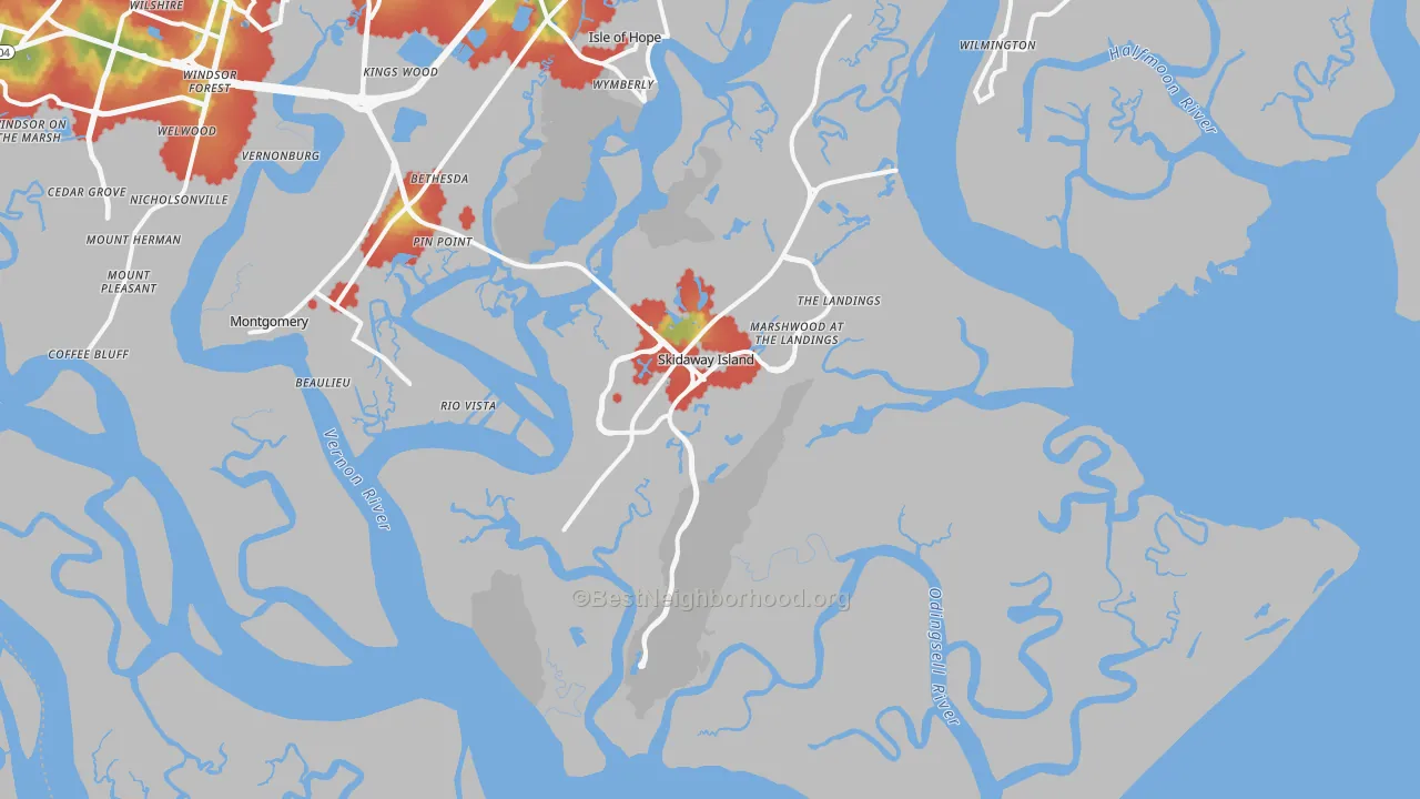 Walk Grade map of 31411, GA, walkable areas in green and car-dependent areas in red