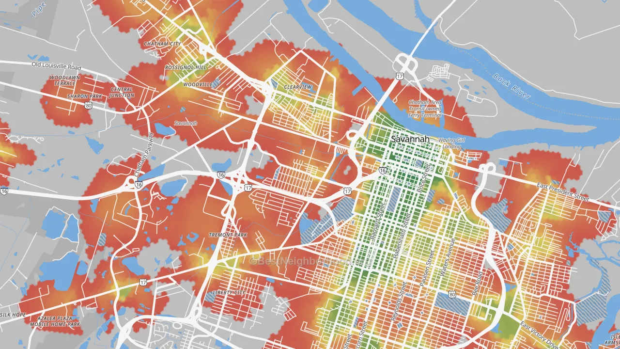 Walk Grade map of 31415, GA, walkable areas in green and car-dependent areas in red