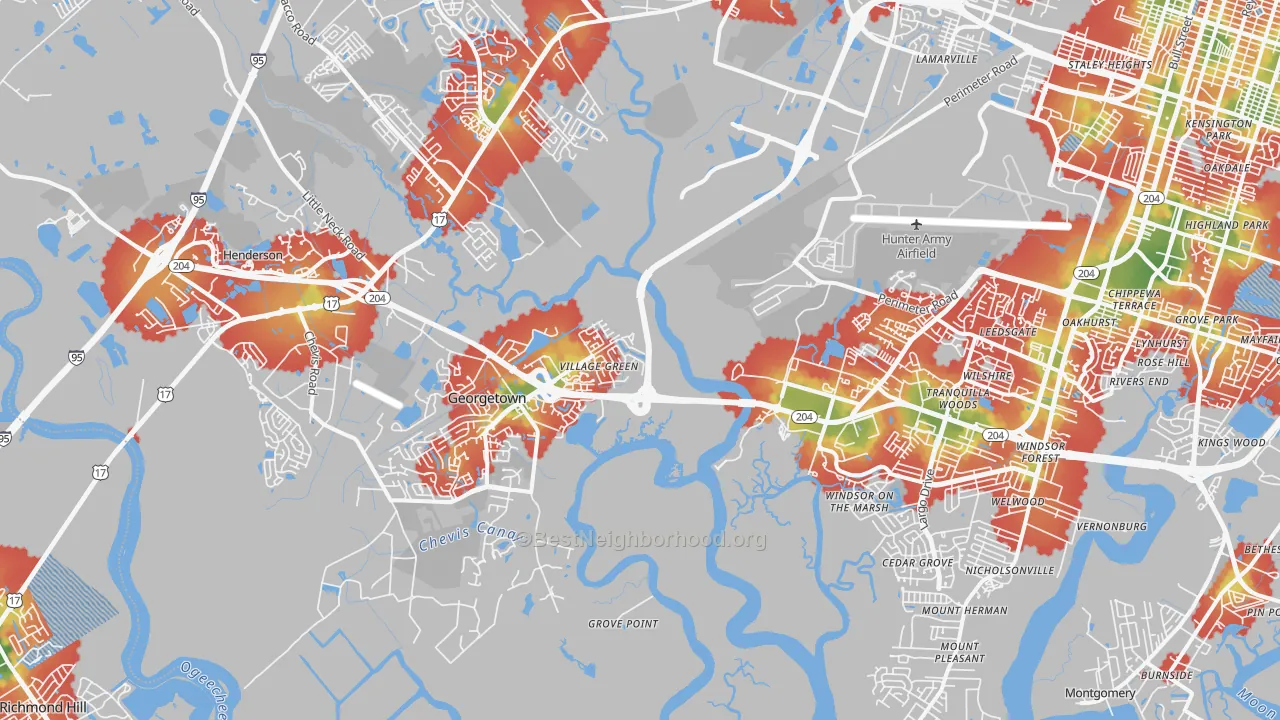 Walk Grade map of 31419, GA, walkable areas in green and car-dependent areas in red