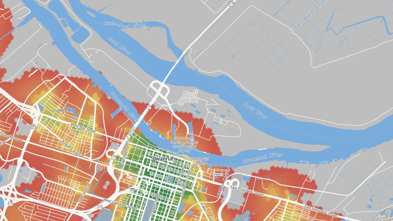Walk Grade map of 31421, GA, walkable areas in green and car-dependent areas in red