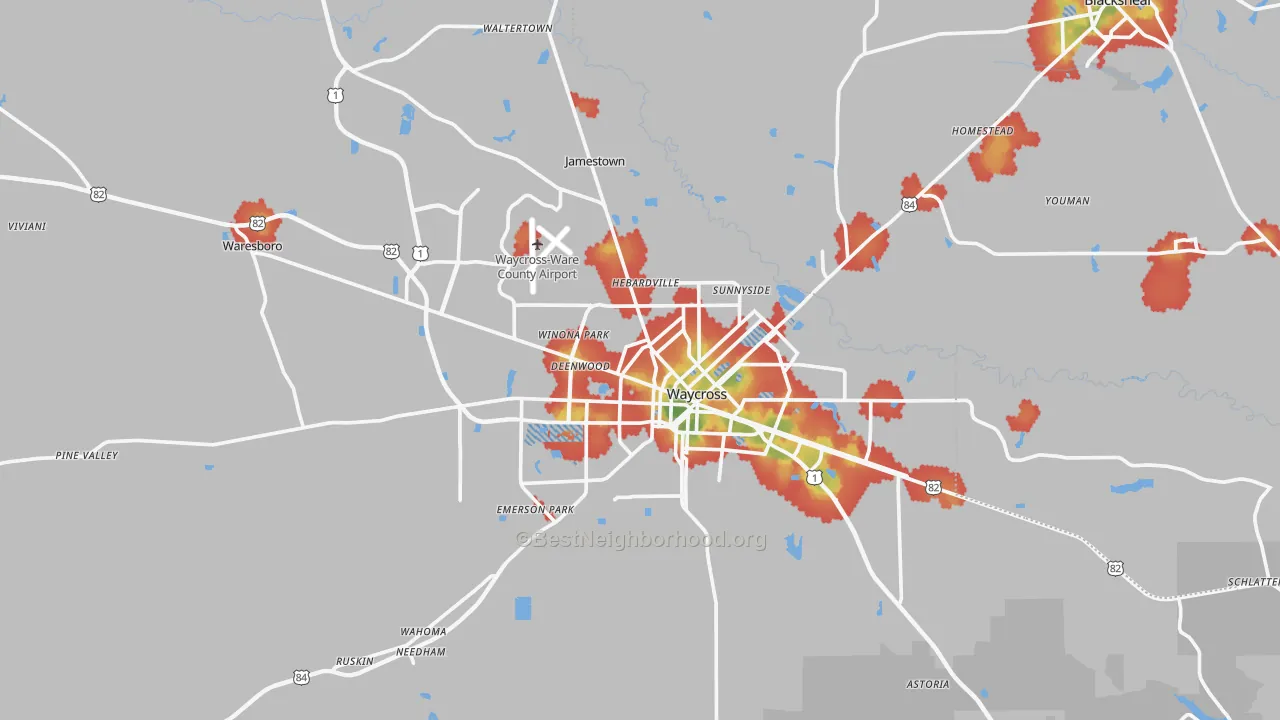 Walk Grade map of 31503, GA, walkable areas in green and car-dependent areas in red