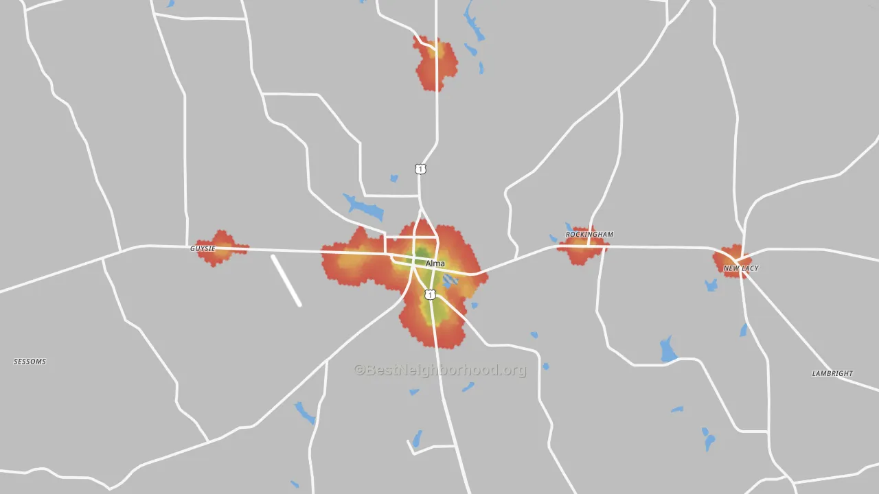 Walk Grade map of 31510, GA, walkable areas in green and car-dependent areas in red