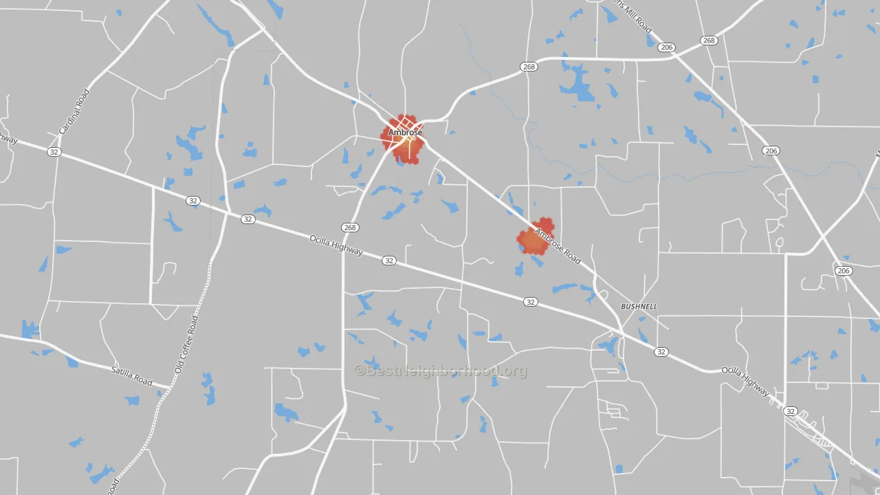 Walk Grade map of 31512, GA, walkable areas in green and car-dependent areas in red