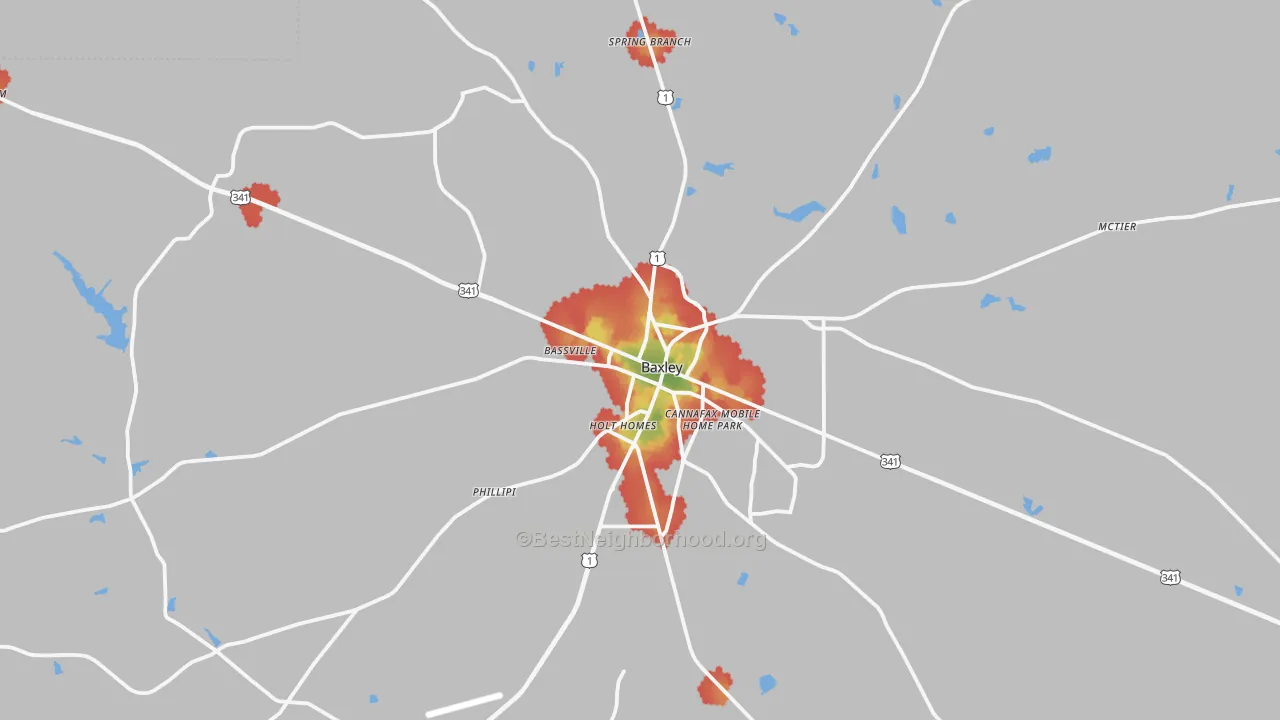 Walk Grade map of 31513, GA, walkable areas in green and car-dependent areas in red