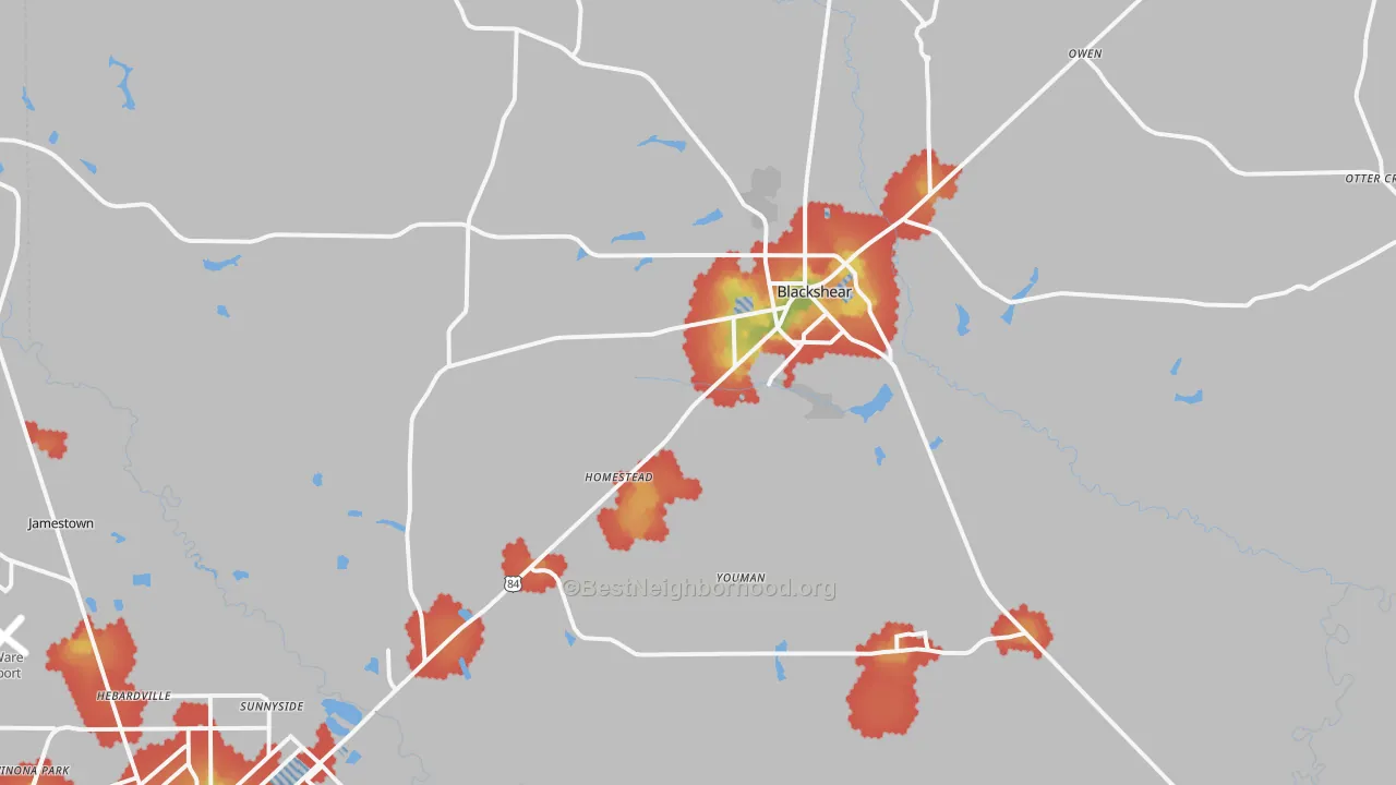 Walk Grade map of 31516, GA, walkable areas in green and car-dependent areas in red