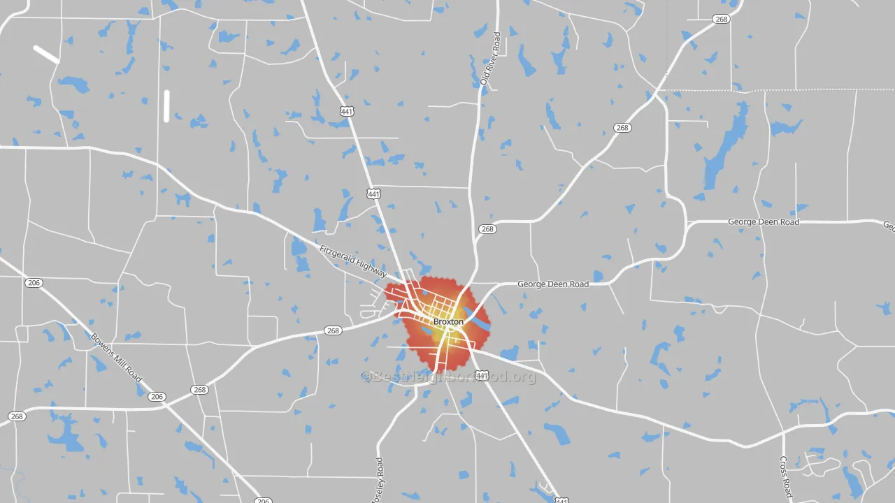 Walk Grade map of 31519, GA, walkable areas in green and car-dependent areas in red