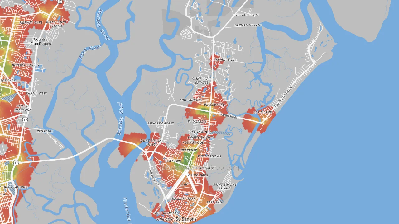 Walk Grade map of 31522, GA, walkable areas in green and car-dependent areas in red