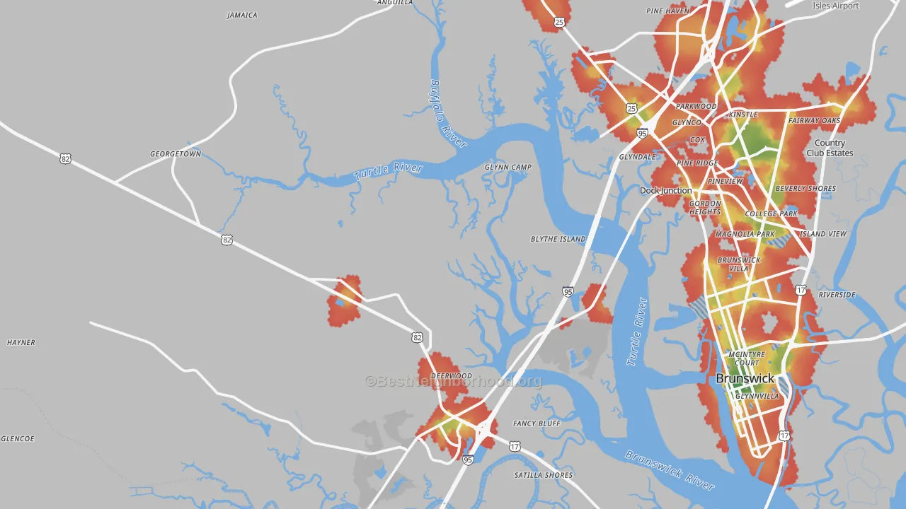 Walk Grade map of 31523, GA, walkable areas in green and car-dependent areas in red