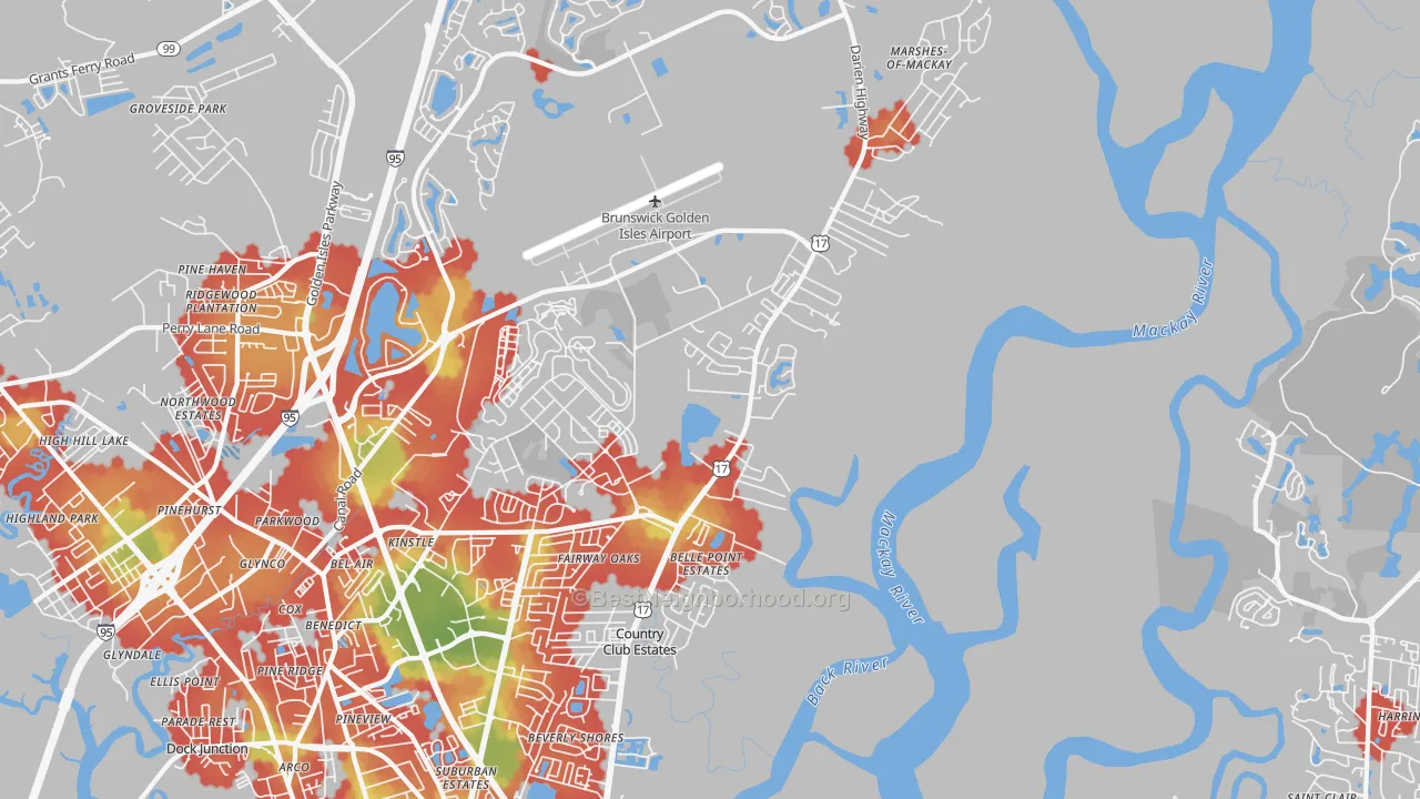 Walk Grade map of 31524, GA, walkable areas in green and car-dependent areas in red