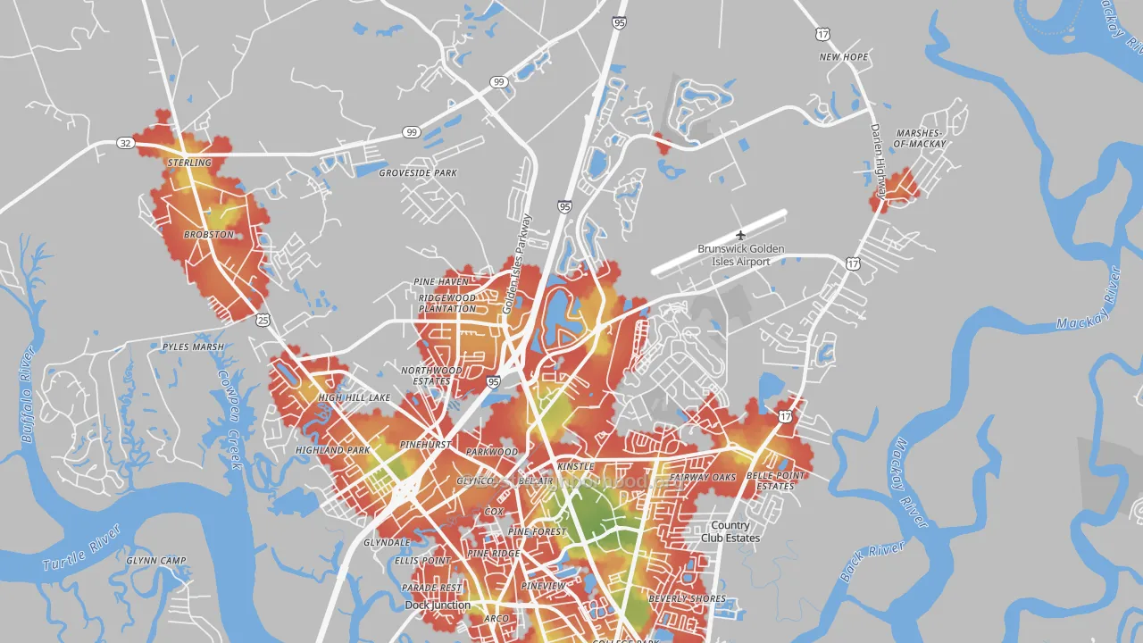 Walk Grade map of 31525, GA, walkable areas in green and car-dependent areas in red