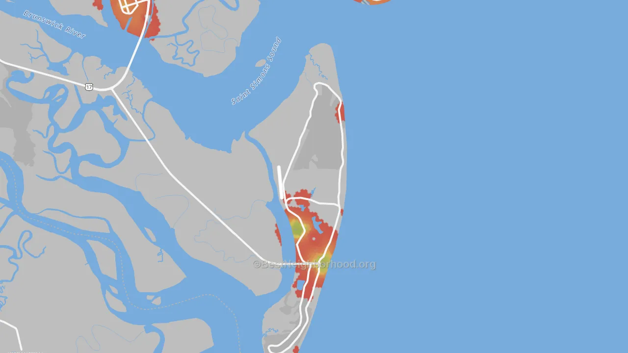Walk Grade map of 31527, GA, walkable areas in green and car-dependent areas in red