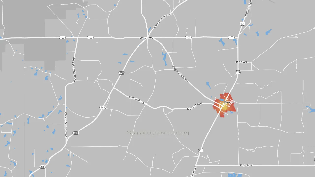 Walk Grade map of 31532, GA, walkable areas in green and car-dependent areas in red