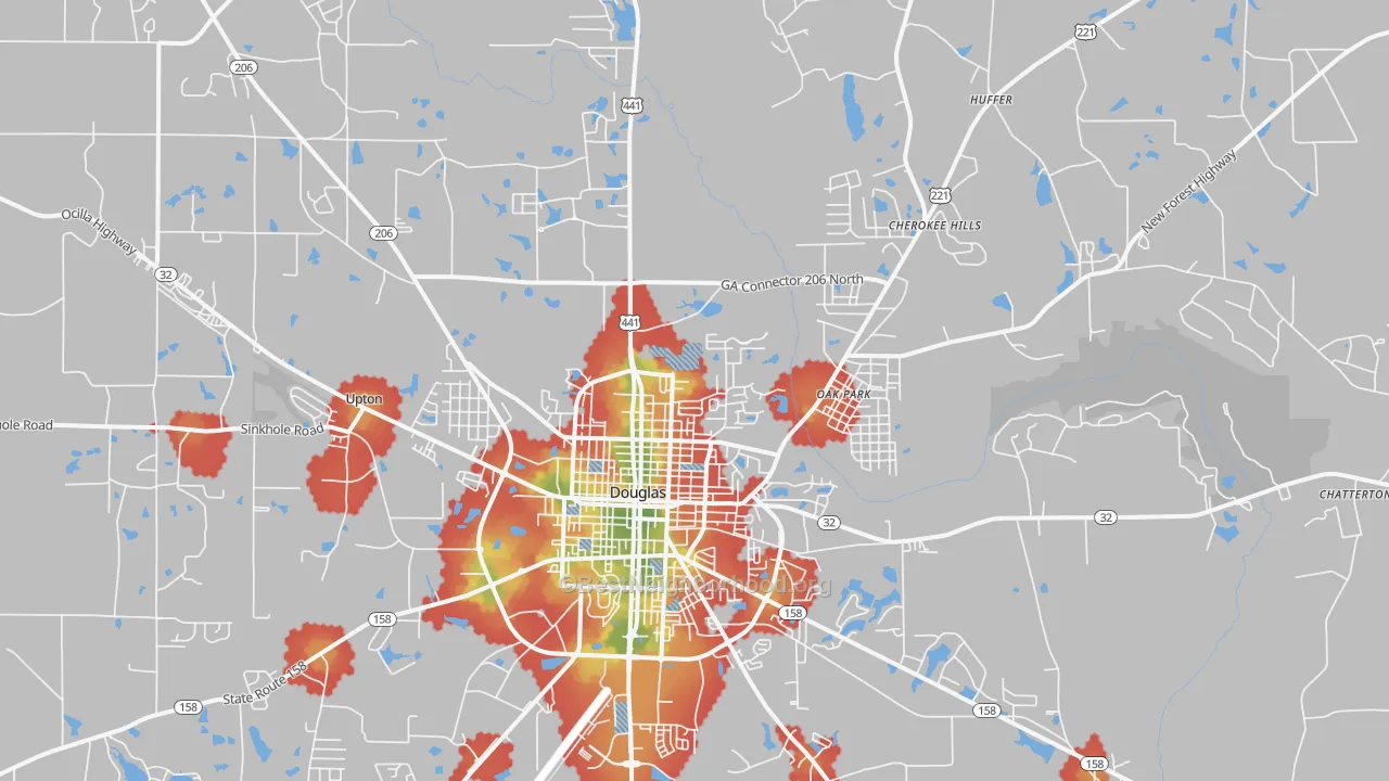 Walk Grade map of 31533, GA, walkable areas in green and car-dependent areas in red