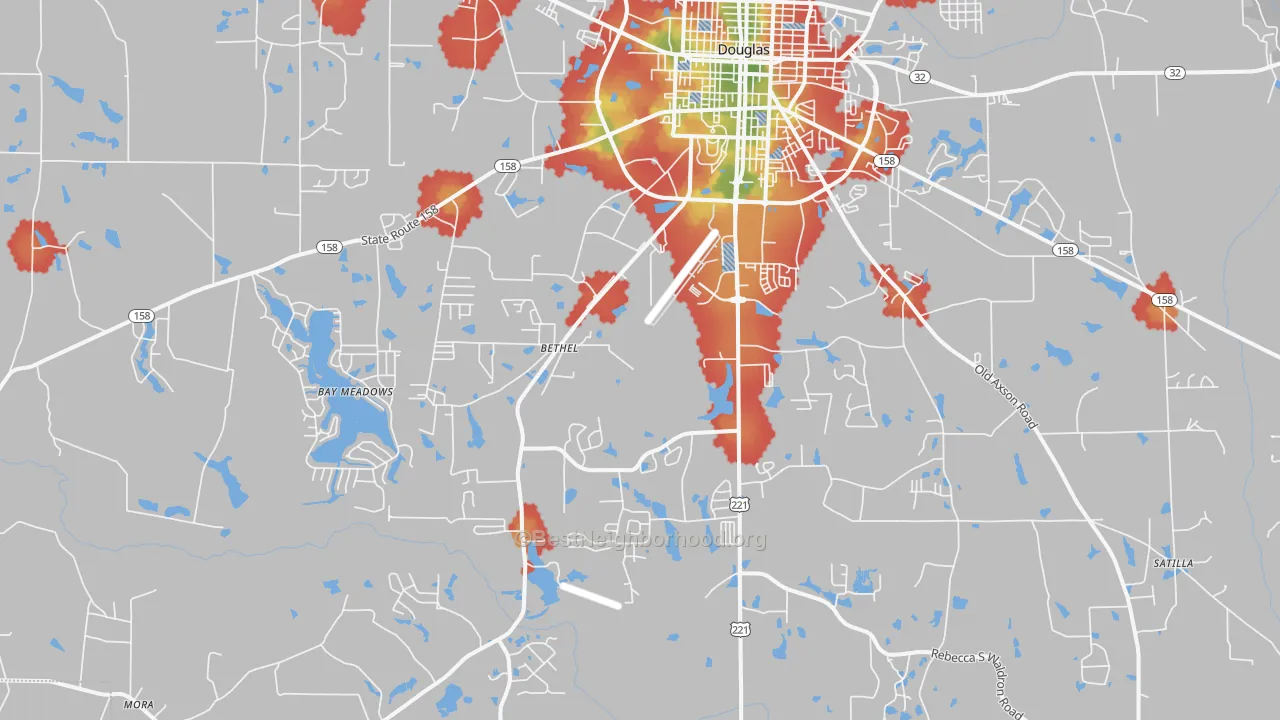 Walk Grade map of 31535, GA, walkable areas in green and car-dependent areas in red