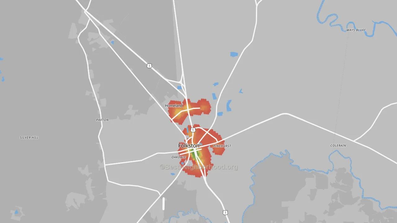 Walk Grade map of 31537, GA, walkable areas in green and car-dependent areas in red