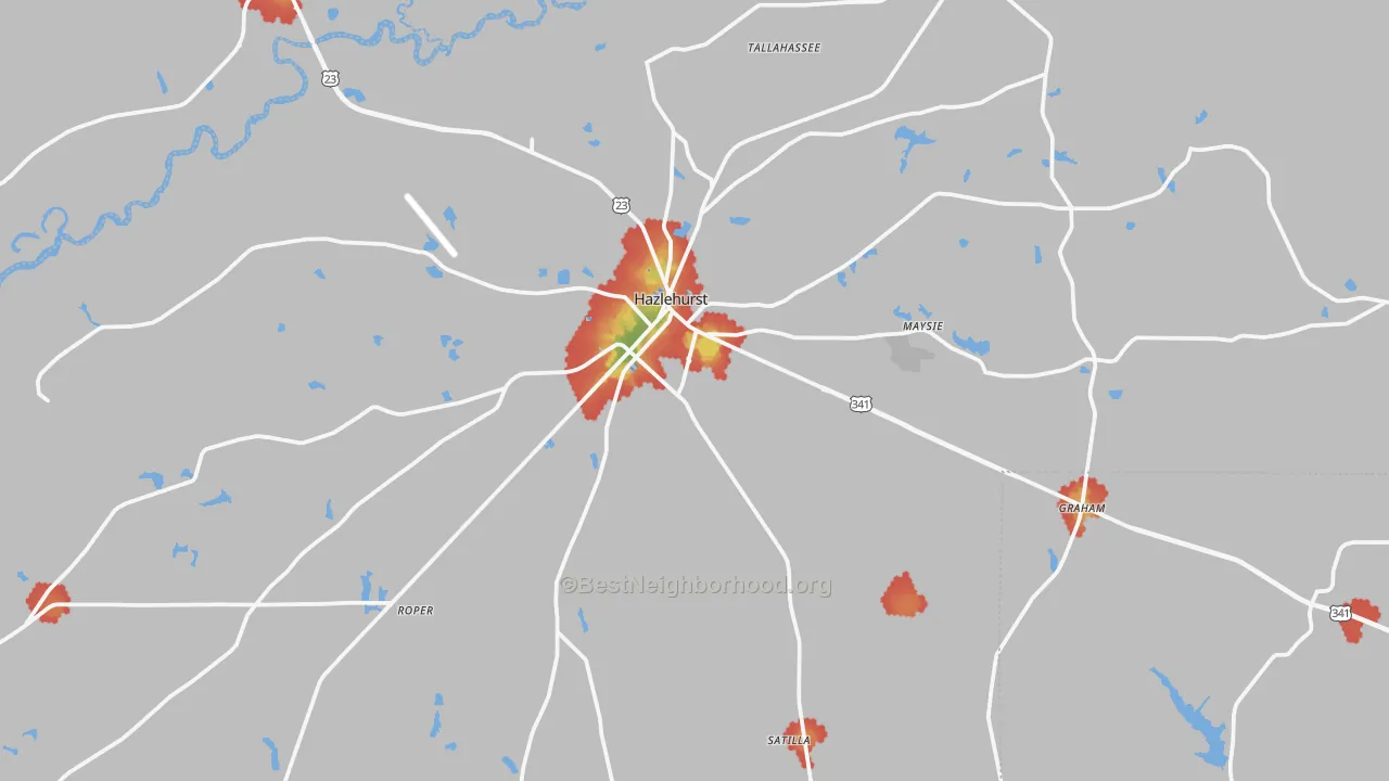 Walk Grade map of 31539, GA, walkable areas in green and car-dependent areas in red