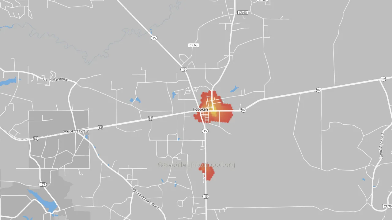 Walk Grade map of 31542, GA, walkable areas in green and car-dependent areas in red