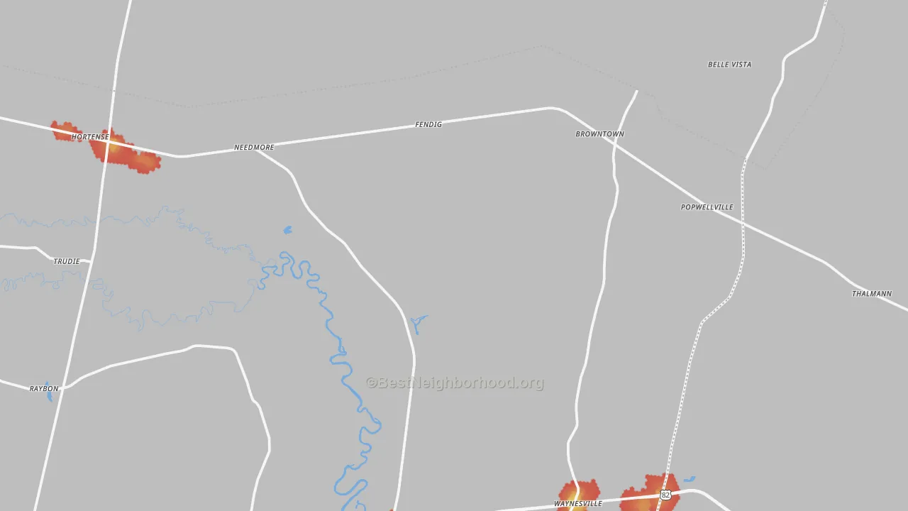 Walk Grade map of 31543, GA, walkable areas in green and car-dependent areas in red